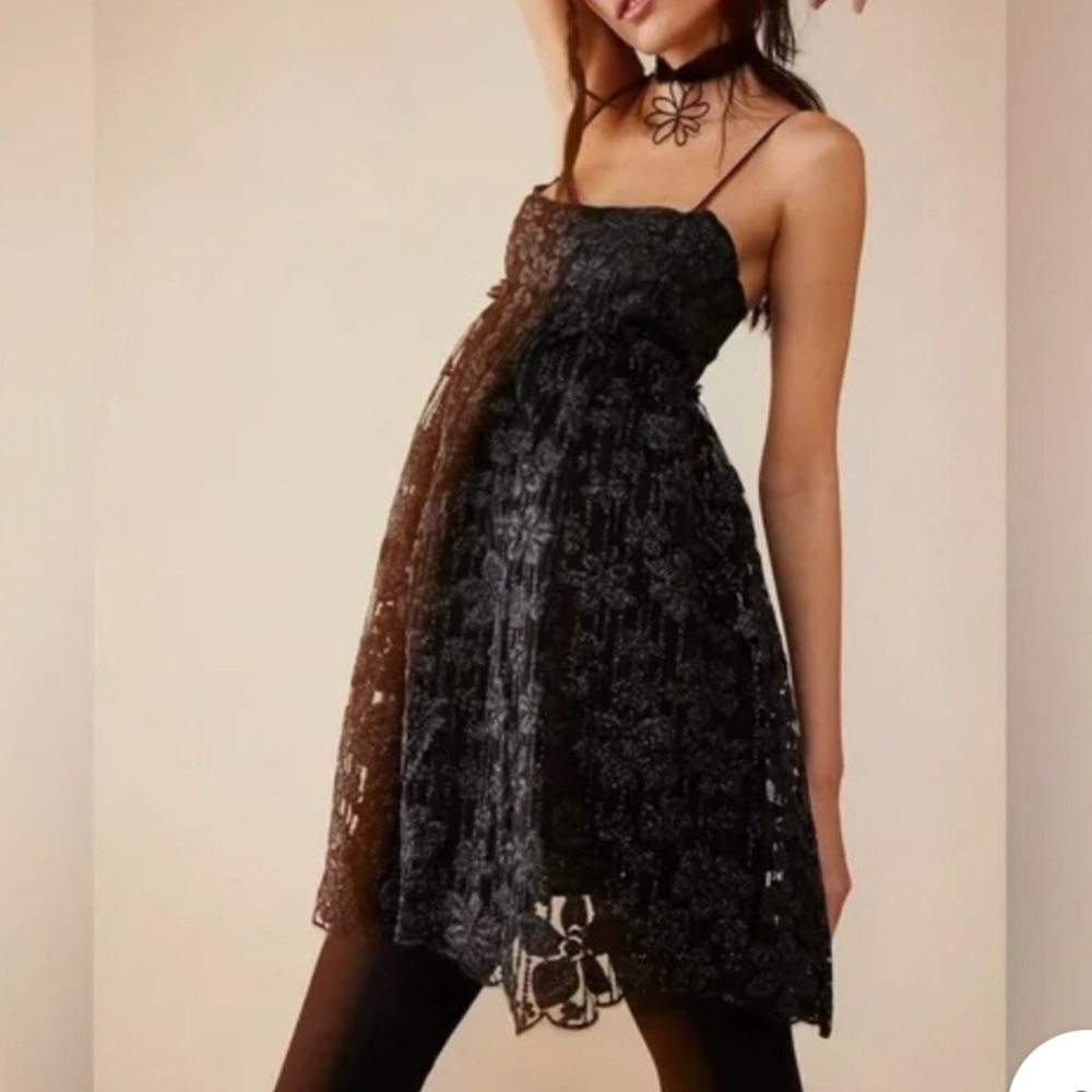 Free People All That Glitters Black Lace Mini Dress